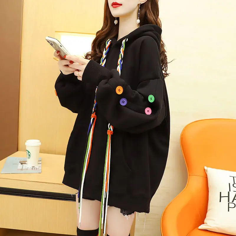 

2022 Autumn Winter New Women Hoodie Fleece Warm Solid Color Large Size Pullover Design Mid-length Casual Loose High-quality Top