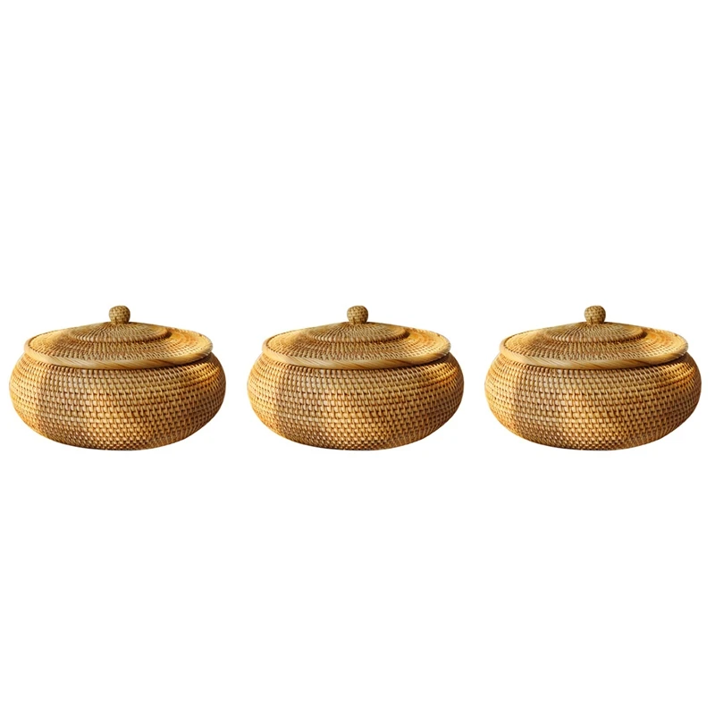 

3X Round Rattan Box,Wicker Fruit Basket With Lid Bread Basket Tray Storage Basket Willow Woven Basket For Bread, Snack
