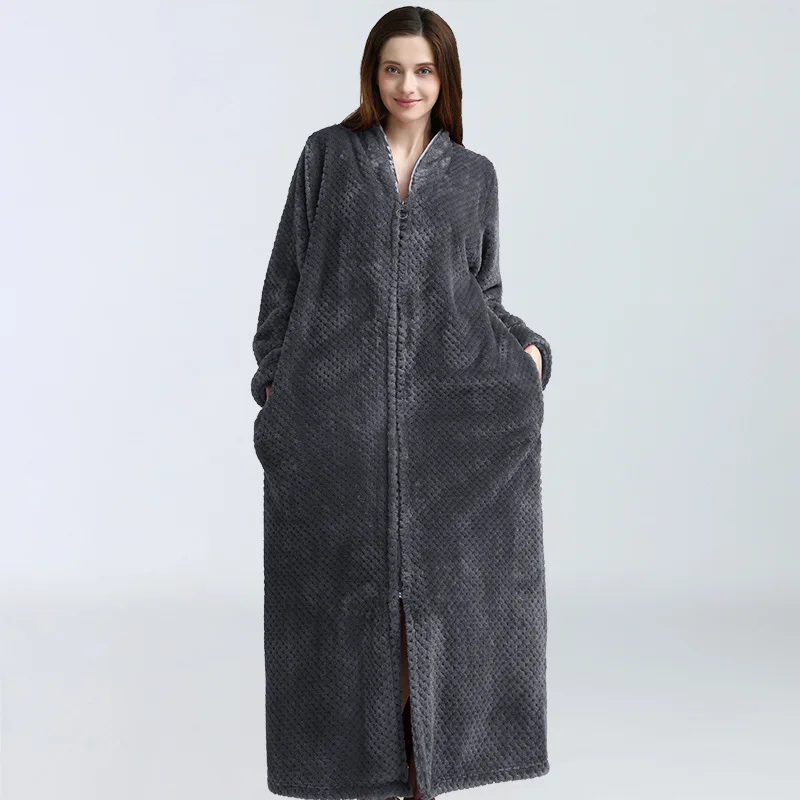 

Coral Fleece Bathrobe Gown Long Sleeve Nightgown Winter Flannel Women Robe Kimono Sleepwear Loose Home Wear with Belt Loungewear