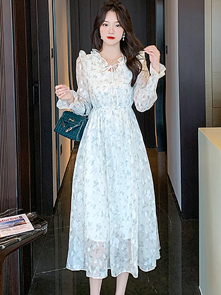 

Женское жаккардовое длинное шифоновое платье с цветочным принтом в стиле бохо, элегантное роскошное платье с длинным рукавом и оборками, модное облегающее праздничное платье, осень 2023