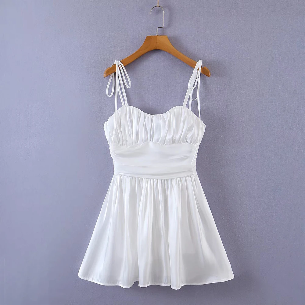 

Ladies Fashion Strap Waist Mini Dress Vintage Backless Tie Spaghetti Straps Tube Top White Ladies Sling Dress