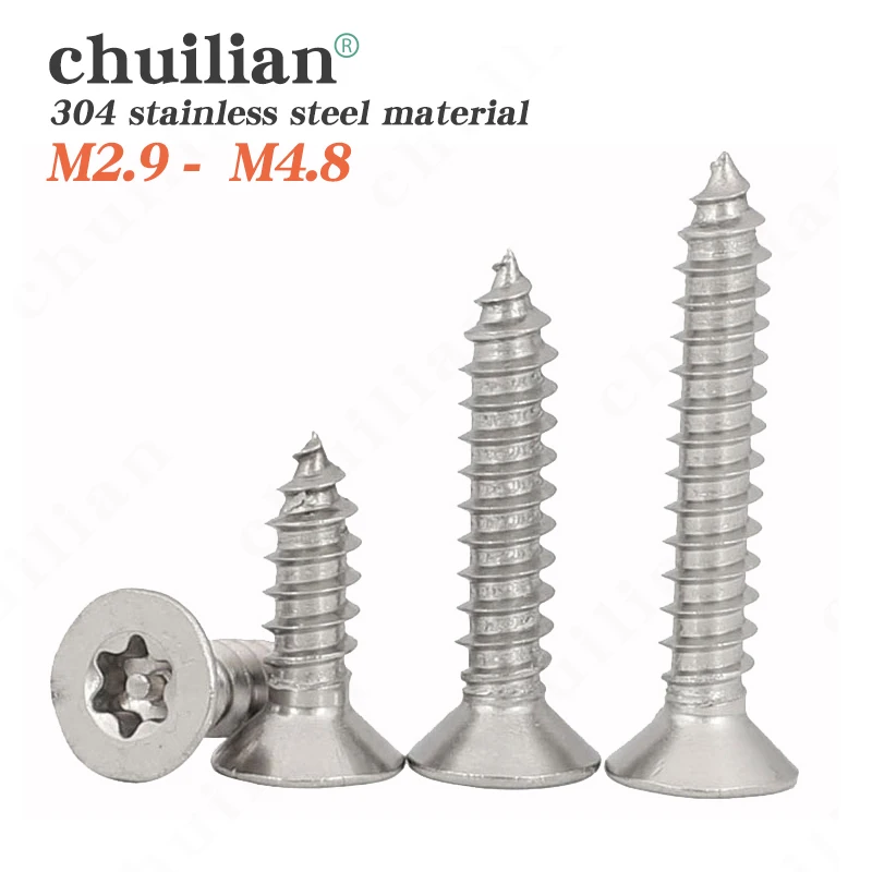 

10pcs M2.9 M3.5 M3.9 M4.2 M4.8 304 Stainless Steel Six Lobe Torx Flat Countersunk Head with Pin Security Self-tapping Wood Screw
