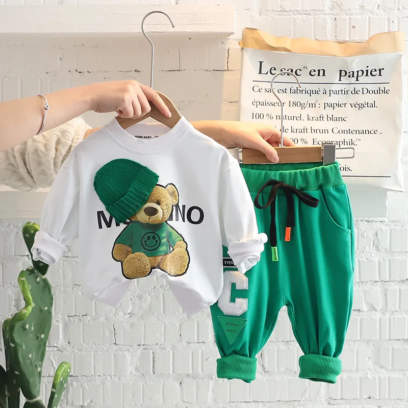 Baby clothes 2022 new children's bear suit boys and girls' letter long sleeve trousers leisure two-piece simple sportswear