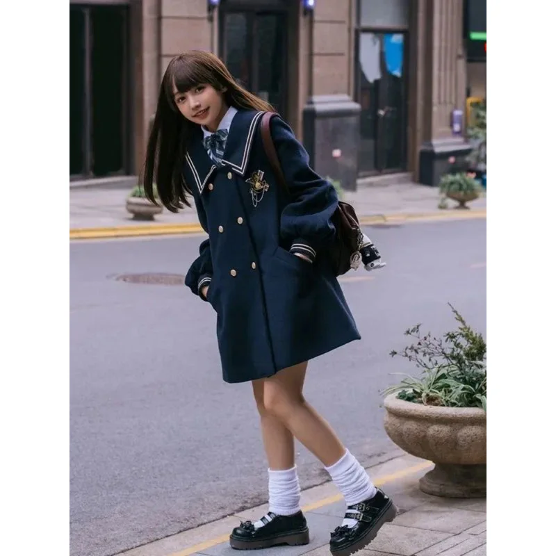 Xgoth двубортное темно-синее пальто весна-осень женское новогоднее твидовое