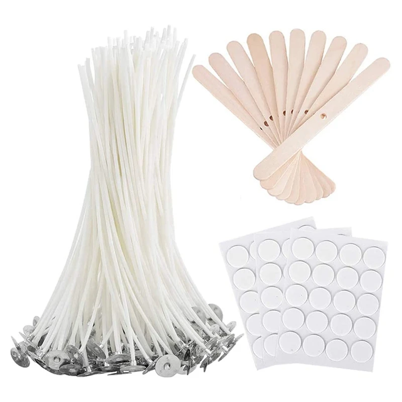 

Bulk Candle Wicks 100 Pcs 6 Inch With 60Pcs Candle Wick Stickers And 10 Pcs Wooden Candle Wick Centering Device