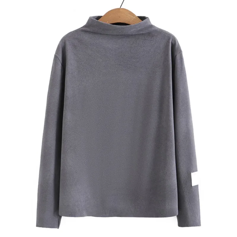 

Basic T-Shirt Plus Size Women Winter Stand Collar Warm Double Sided Fleece Bottoming Tees Simple Solid Applique Casual Tops