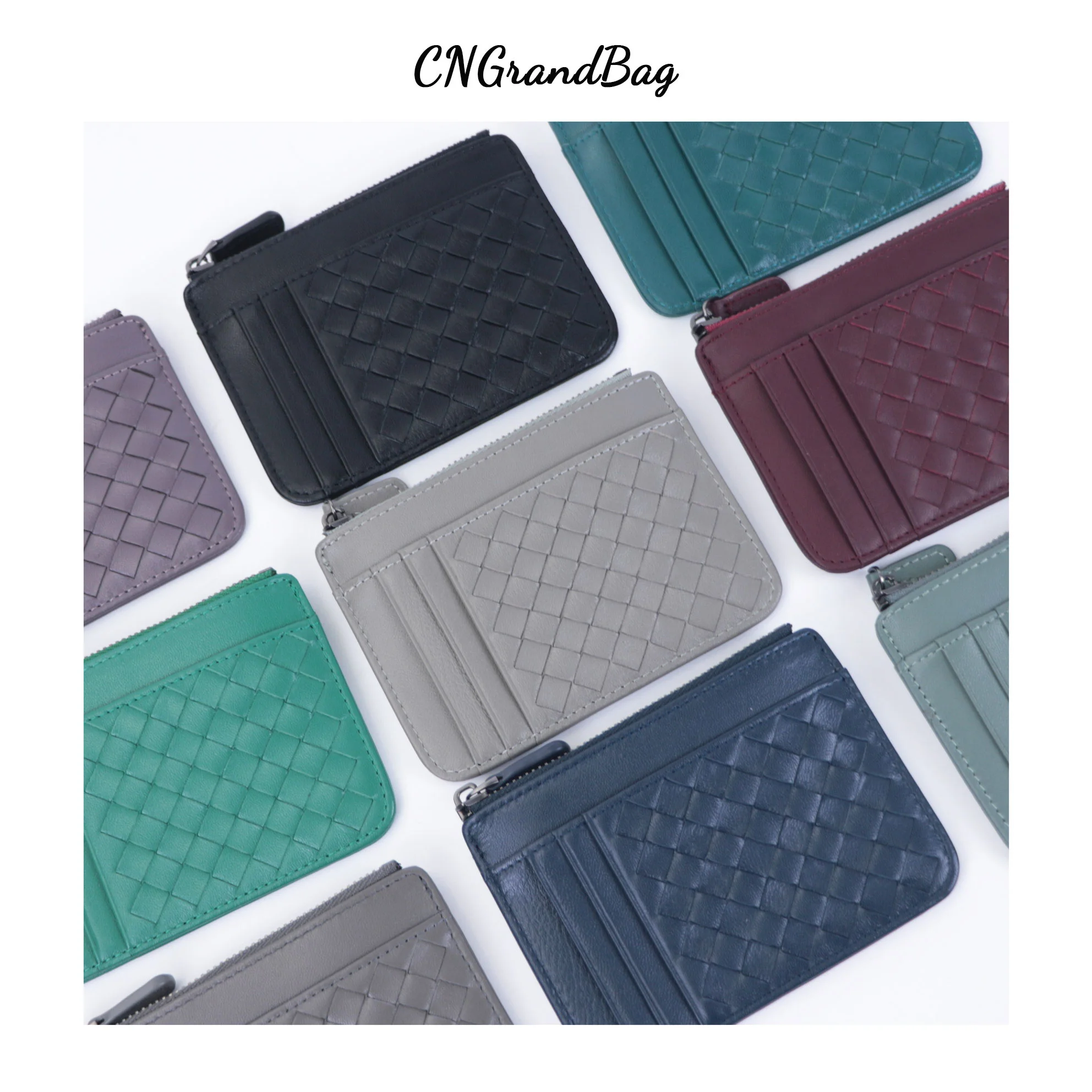 Sheep Skin Genuine Leather Woven Holder Women's Lambskin Zipper Purse Brand Men's Card Holder Ultra-Thin Fold Wallet Coin Pocket