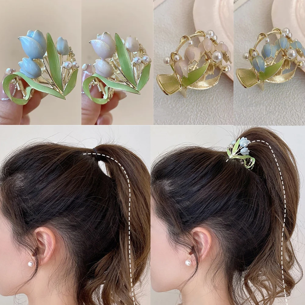 

2022 New Pearl Tulip Flower Hair Claws Girl High Ponytail Clip Fixed Hairpin Claw Clip Advanced Sense Hair accessories Headwear