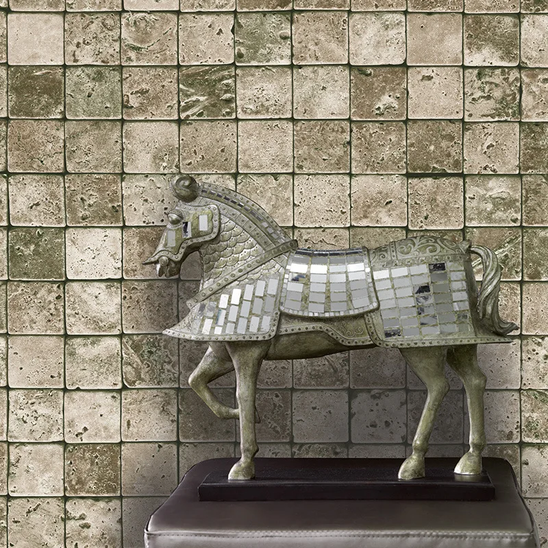 

Retro 3D stereo gray tile mosaic plaid industrial wind wallpaper living room clothing store milk tea shop wallpaper