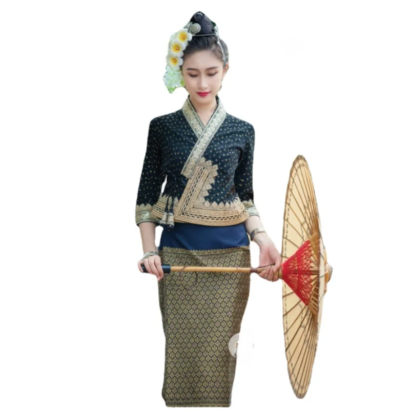 Thai Costume for Women Ethnic Style Slim Fit Traditional Thailand Clothing Tops Blouse Skirt Asian Clothes Thai Dress