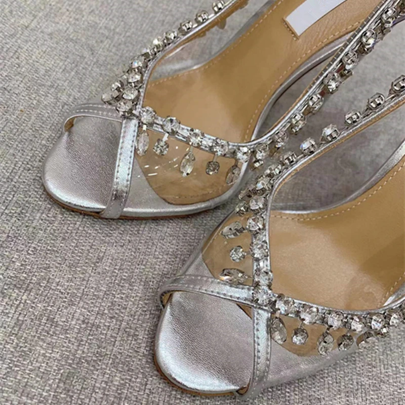 Spring and summer new European and American women's fish mouth high heels transparent rhinestone fashion banquet shoes