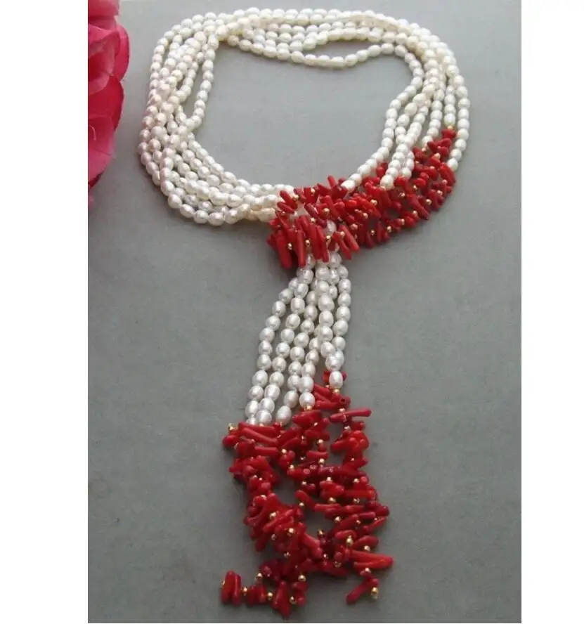 

Hot sale hot sell new 3Strds 50inch White Pearl&Coral Necklace