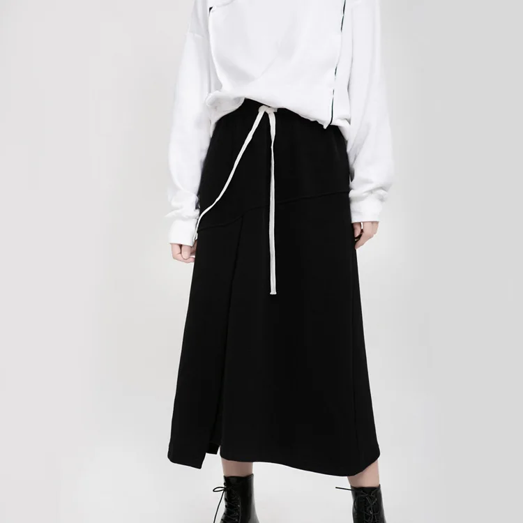 

Skirts 2022 New BF Casual Wind Split Elastic Waist Tie Black Half-length Joker