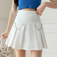 chain pleated a line skirt women korean fashion clothing zipper mini skirts summer high waist short skirt woman faldas cortas