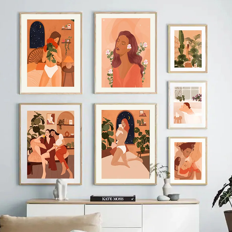 

Boho Woman Palm Leaf Bathroom Abstract Wall Art Canvas Painting Nordic Posters And Prints Wall Pictures For Living Room Decor