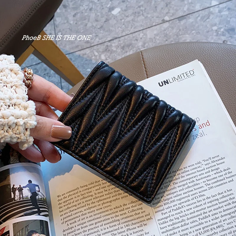 2023 New Genuine Leather Women Wallets Excellent Lambskin Short Wallet Brand Design Quilted Billfold Fashion Pleated Card Holder
