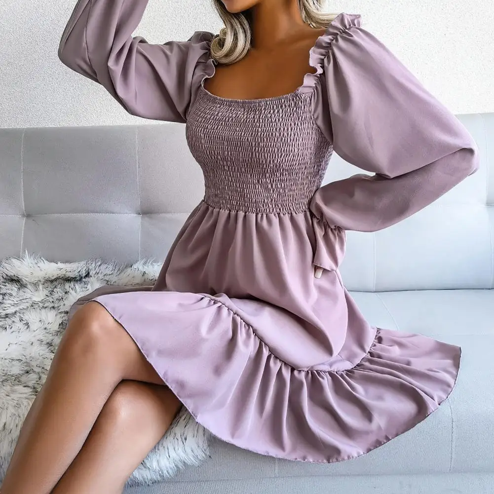 

Mini Dress Elastic Chest Wrap Above Knee Pure Colors Simple A-Line Square Collar Short Dress Women Dress Female Clothes