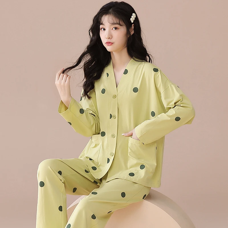 CAIYIER Sweet Strawberry Girls Nightwear V-Neck Long Sleeve Long Pants Sleepwear Suit Winter Pajamas Large Size 3XL Homewear