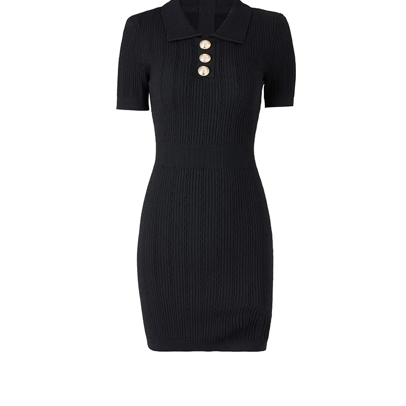 2022 New Summer Polo Collar Black  Short Sleeve Sheath Skinny Knitting Mini Casual Dress for Women Clothing