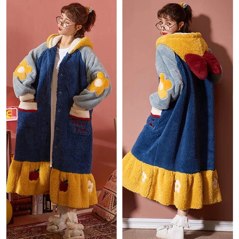 Women Nightgown Winter Flannel Sweet Hooded Sleepshirts Female Warm Cute Pajamas Casual Loose Sleepwear Cozy Thicken Soft Robes