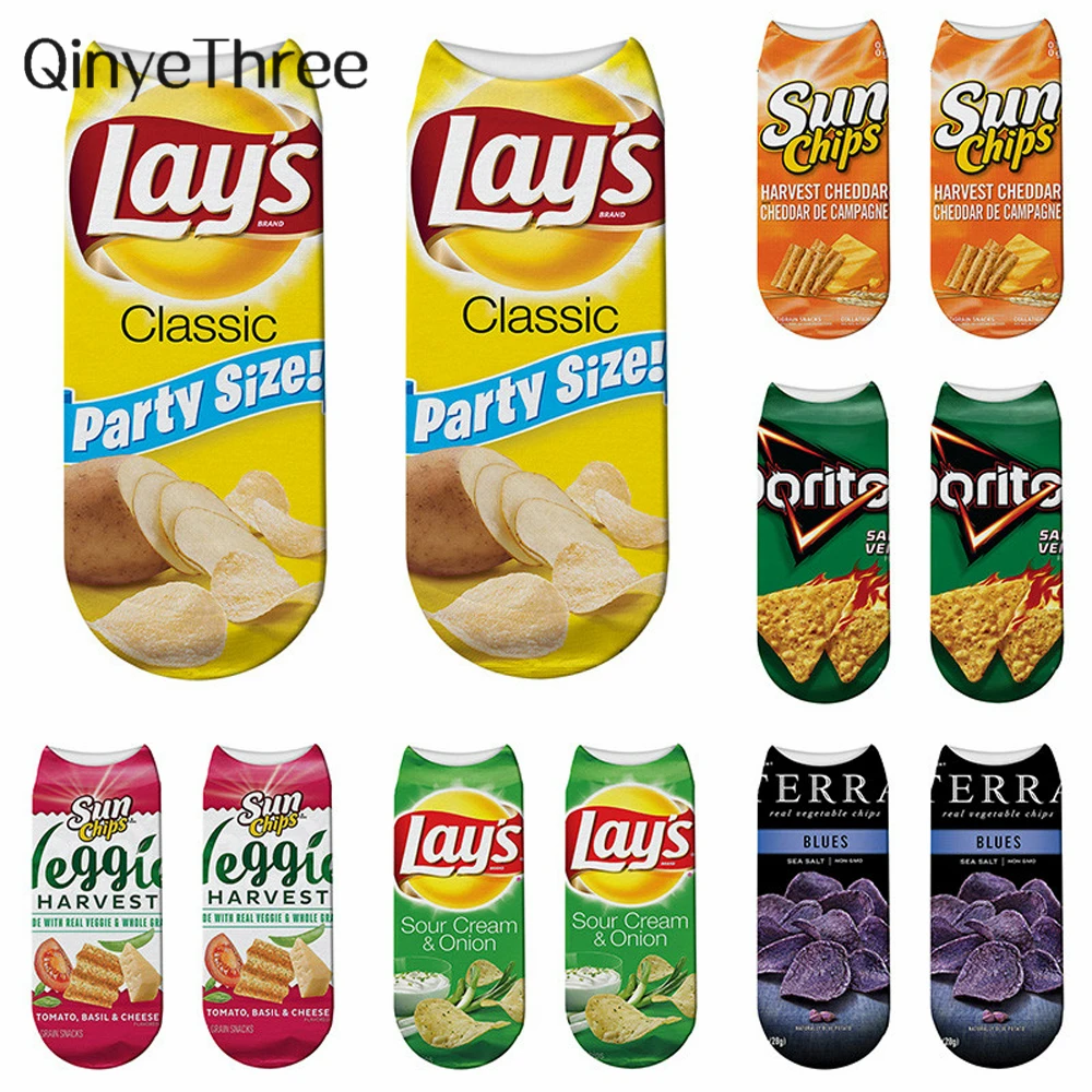 

New Funny Cartoon Foods Low Ankle 3D Printed Potato Chips Fries Short Socks For Women Men Summer Spring Dropship