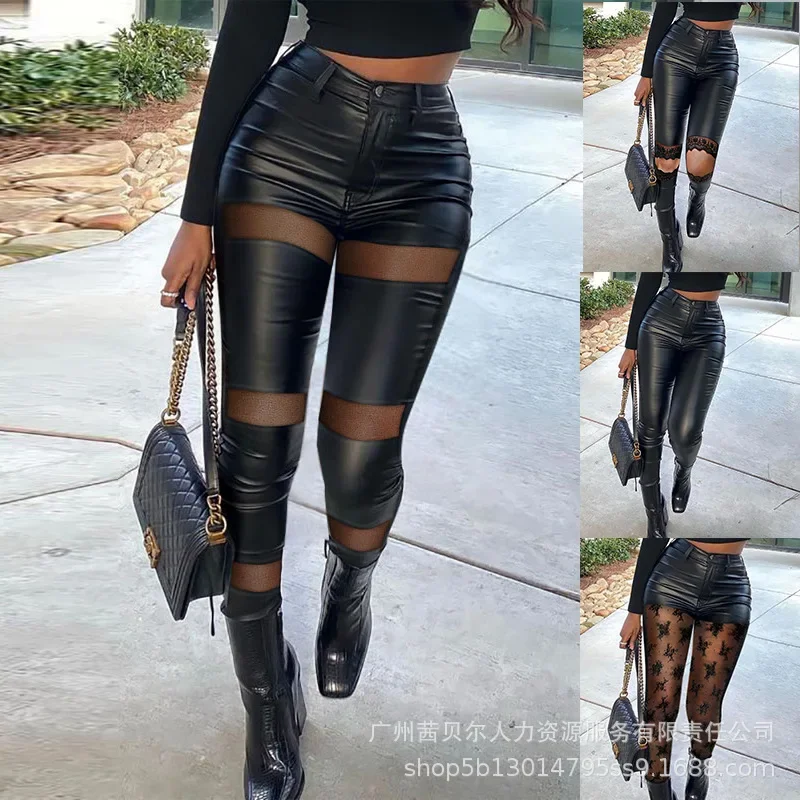 Женские кожаные брюки-карандаш средней длины на пуговицах с поясом