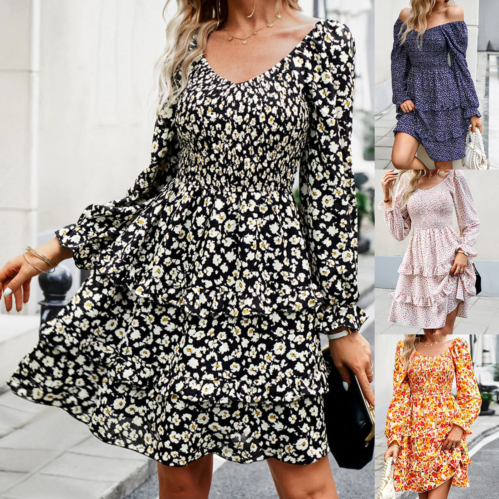 

Платье женское демисезонное с цветочным принтом, V-образным вырезом и коротким рукавом