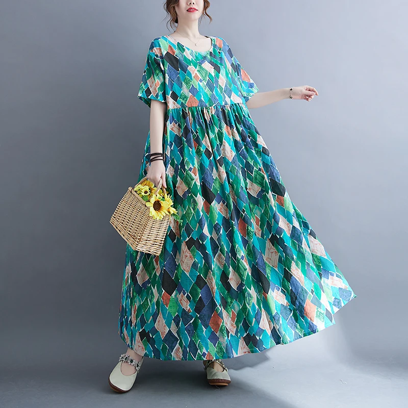 

Женское летнее платье-макси из хлопка и льна, 150 кг