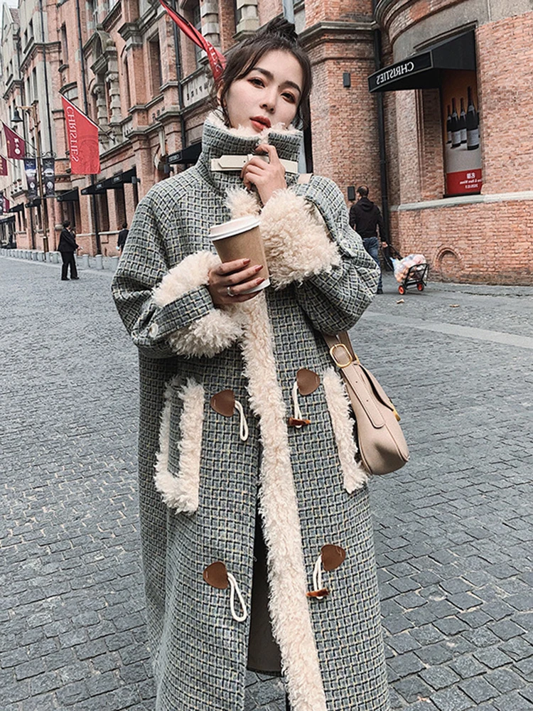 

FURSARCAR Lambswool Patchwork Thicken Wool Coat Women Winter Streetwear Straight Stand-up Collar Korean Plaid Overcoat Female
