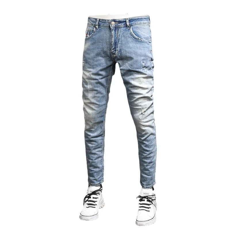 Fashion Designer Men Jeans Retro Light Blue Elastic Stretch Slim Fit Patched Ripped Jeans Men Korean Style Vintage Denim Pants