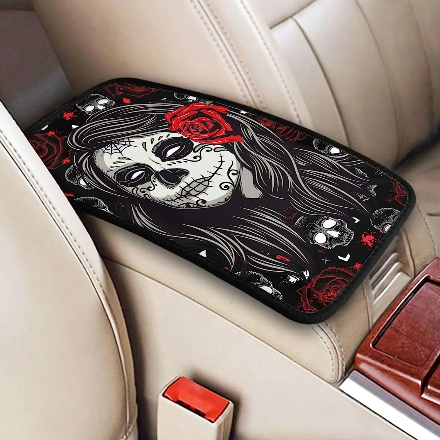 

Black Skull Auto Center Console Pad Car Armrest Cushion Seat Box Cover Protector for Most Vehicle Truck Car Accessories