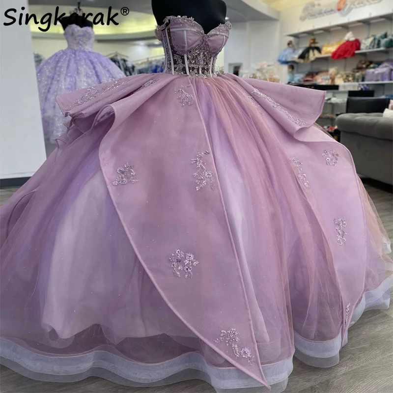 

Luxury Lilac Purple Princess Ball Gown Quinceanera Dresses Beaded Appliques Luxury Vestidos De 15 Años Prom Party Gowns