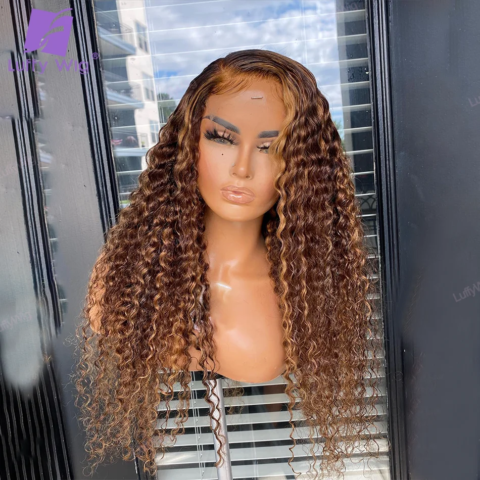 

180% Highlight Ombre 5x5 Lace Closure Wig Curly Human Hair Wigs Honey Blonde Colored Deep Curly Frontal Wigs For Women Luffy