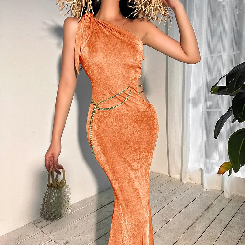 

Elegant Dresses For Women Summer Maxi Bodycon Dress With Metal Belt Green Dress Orange Sexy Beach Dresses dresses for women