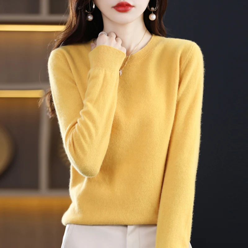 

Женские свитера из 100% шерсти, Женский пуловер на осень и зиму, базовые вязаные топы в стиле ретро с длинным рукавом и круглым вырезом, одежда, пальто