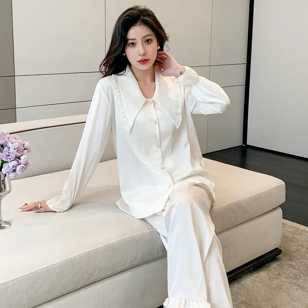 Новые весенние шелковые пижамы женские кукольные воротники жаккардовые красные