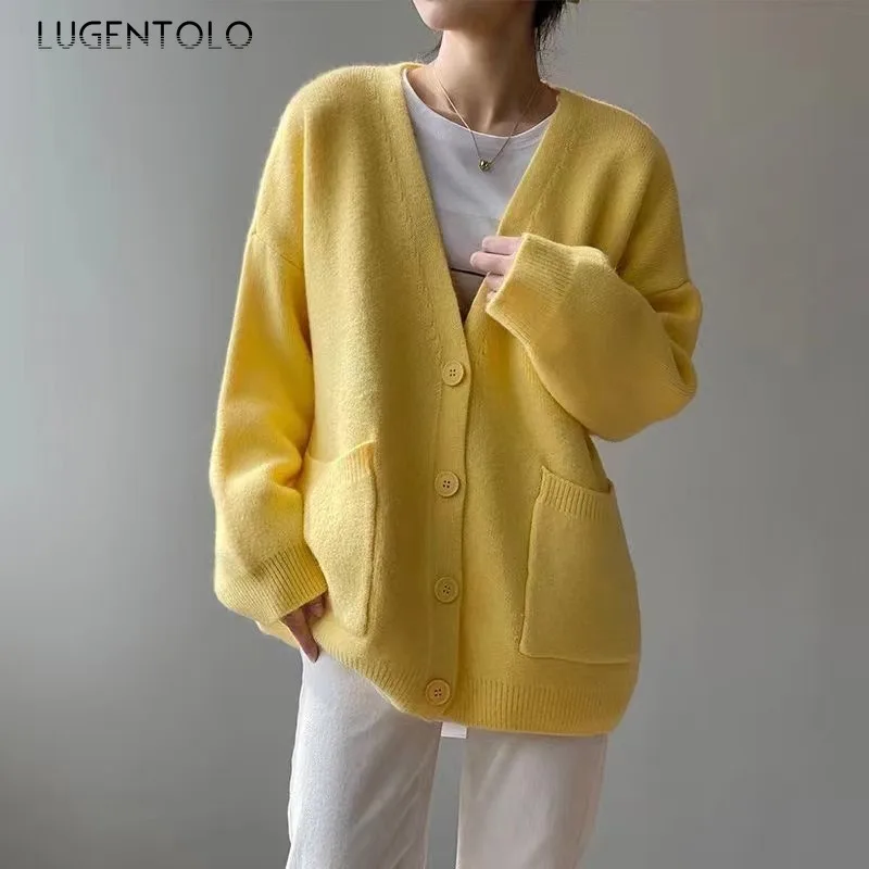 

Women Knitted Sweater Loose Single-breasted V-neck Solid Lazy Cardigan Female Elegant Cozy Spring Autumn Sweaters