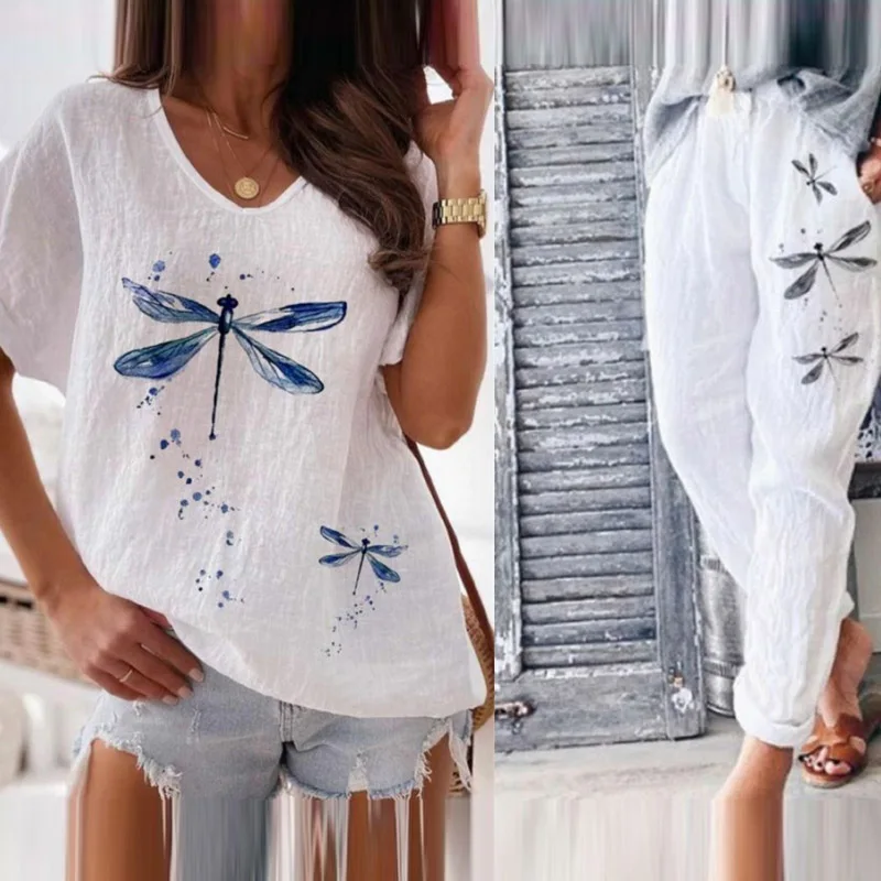 

Short Sleeve Harajuku V Neck Tops and Pocket Trousers Two Piece Set Summer Outfits for Women Cotton Linen Suit 2023 Casual Print