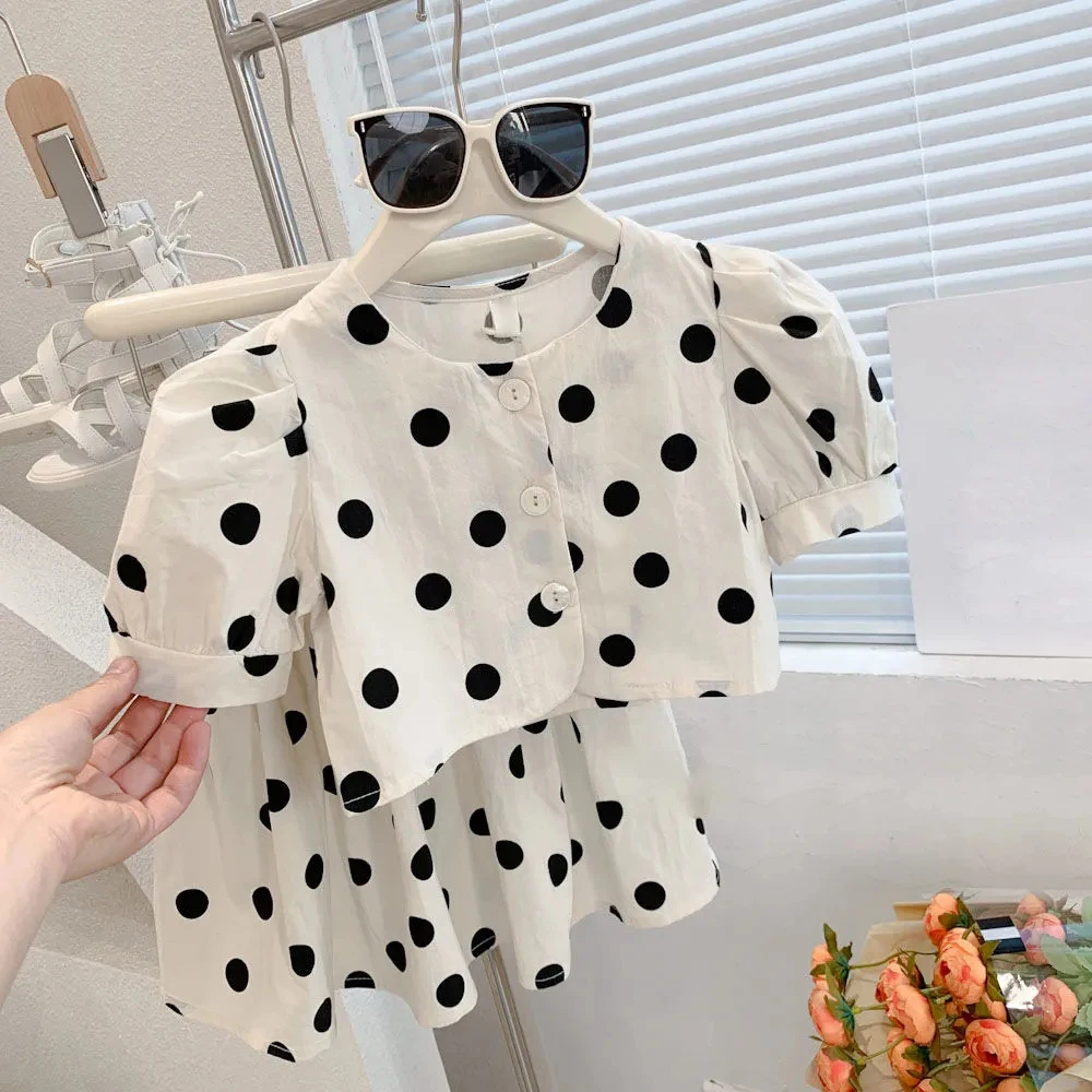 

Комплект одежды в горошек для девочек, рубашка с пышными рукавами и юбка, комплект из 2 предметов для маленьких девочек, летние комплекты, новая детская одежда, комплект детской одежды