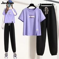 womens tracksuit 2022 summer new loose slit short sleeve t shirt pants two piece korean fashion top trousers sportwear set