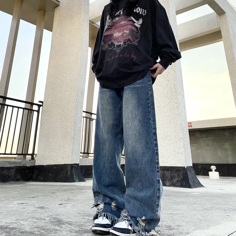 Streetwear Men American Vintage Loose Blue Jeans 2022 Autumn and Winter New Style Pattern BurrStraight Cylinder Trousers Female