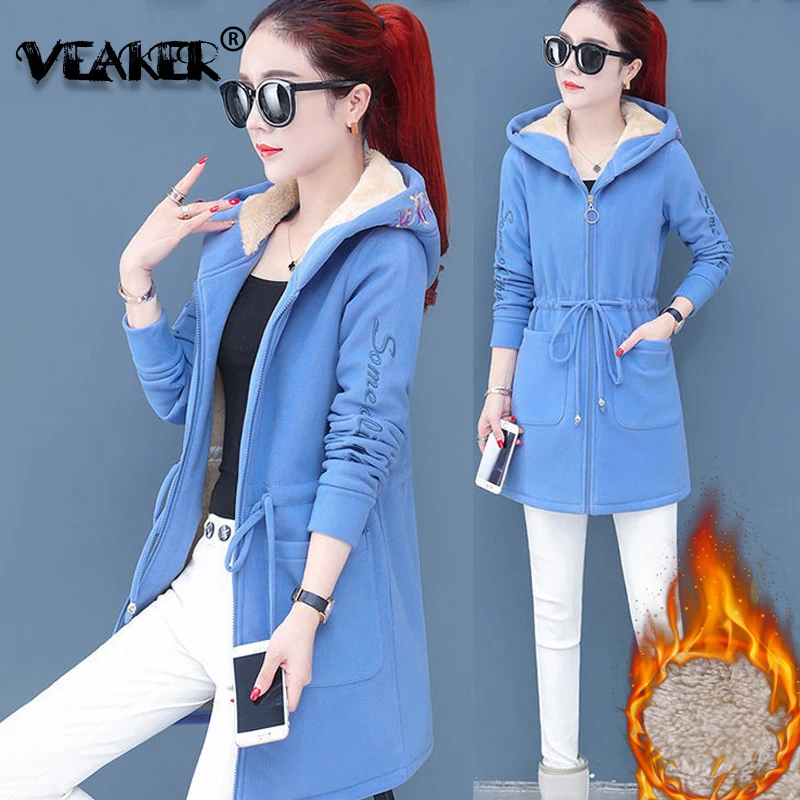 

2022 New Autumn Long Fleece Jackets Women Thickened Loose Winter Hooded Jacket Embroidered Cardigan Zipper Plush Coat Outerwear