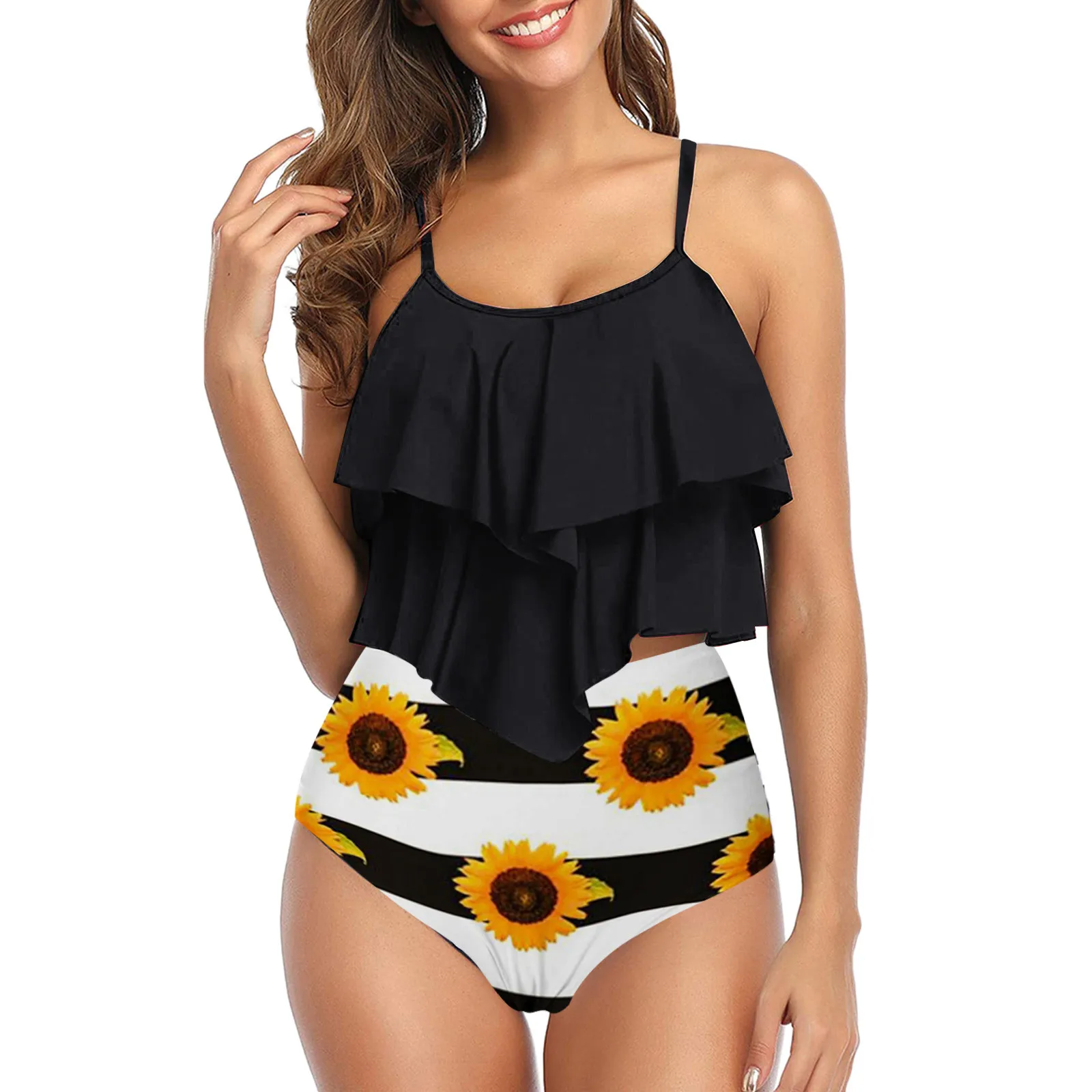 

Sunflower Striped Two Piece Swimsuits Swimming Suits Women's Push Up Padded Tankini High Waisted Bathing Suits For Women