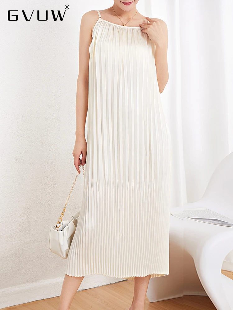 

GVUW Pleated Dress For Women Round Collar Sleeveless Spaghetti Strap Solid Color 2023 Summer Female Fashion New Clothing 17J1394