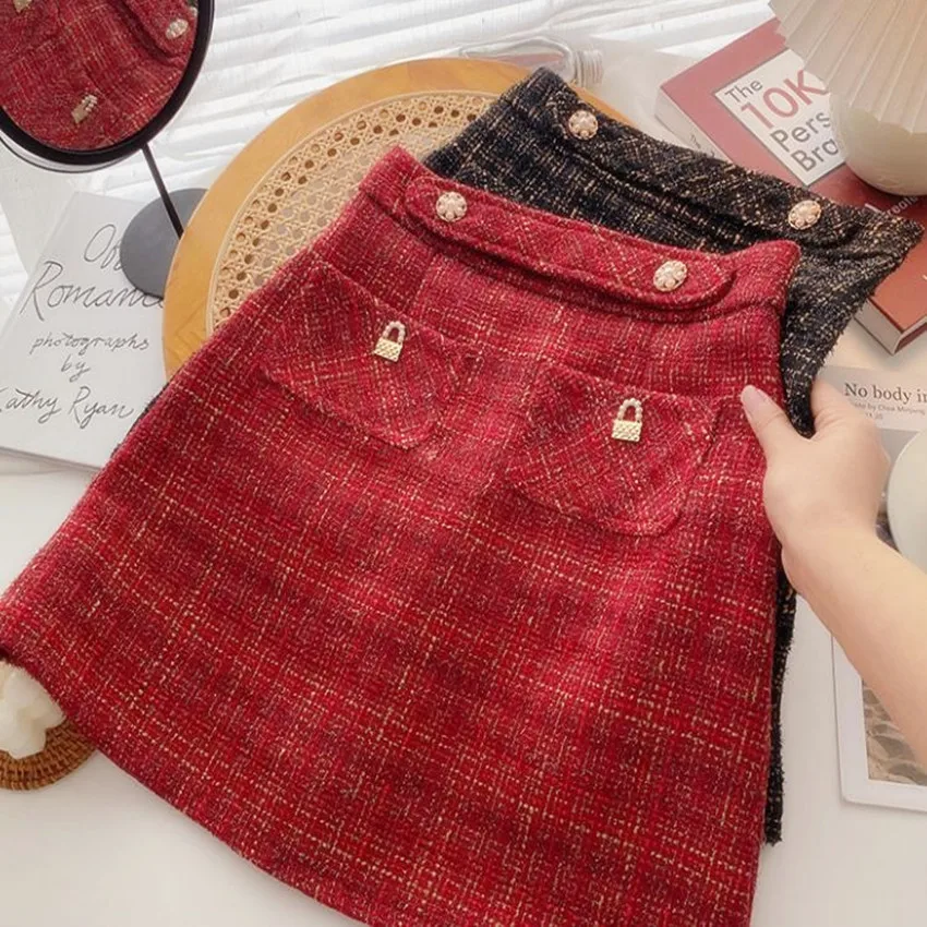 

Autumn Winter Tweed Woolen Short Skirt Women High Waist A-line Small Fragrance