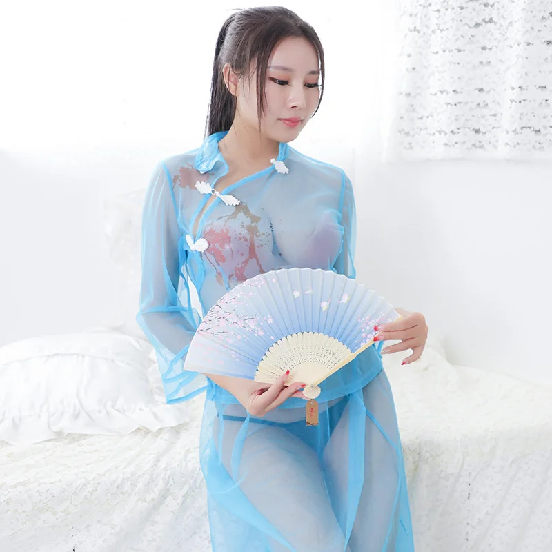 

Exotic Cosplay WOMENGAGA Chinese Style CheongsamSweet Girl Mesh Lace Floral Tops + Gauze Transparent Mini Skirts Set Korean 8RKV