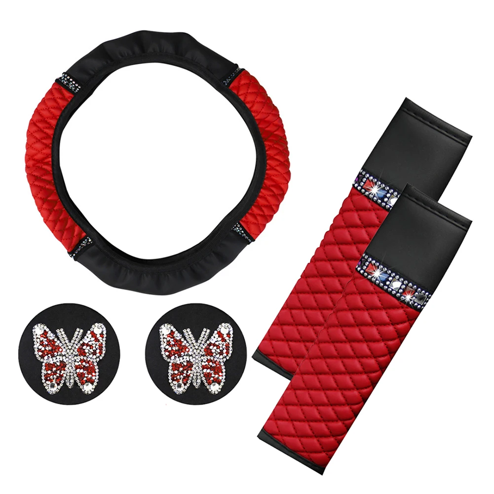 

Trendy and Functional 5 Piece Rhinestone Car Interior Decoration Set Steering Wheel Cover Shoulder Pads Cup Mats