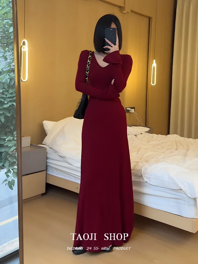 Christmas New Year Red V-neck Sheath Dress Women Spring Sexy Gyaru Tight Slimming Base Long dress |