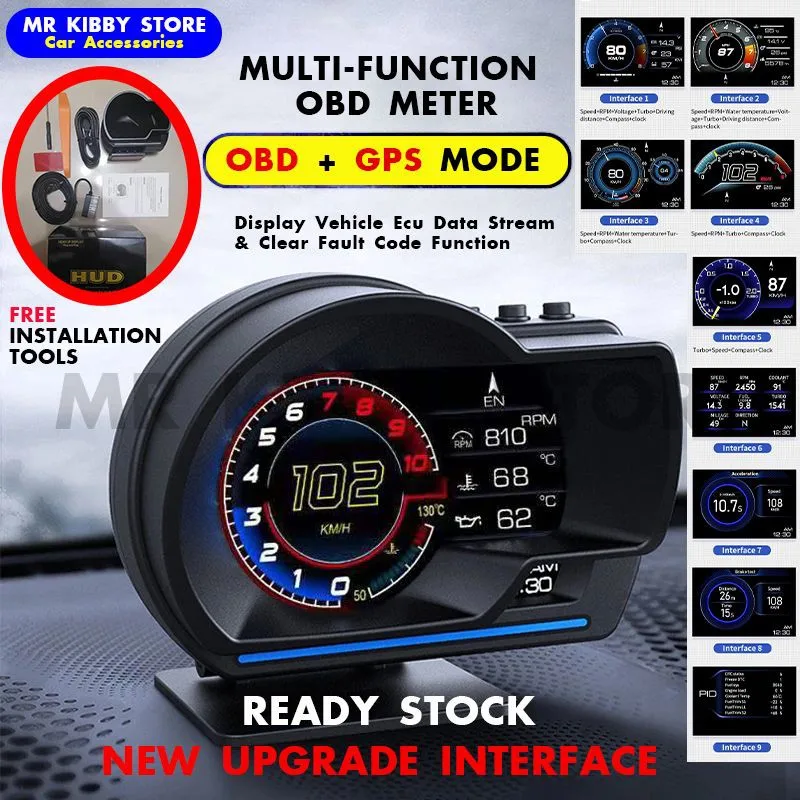 

Ready StockLatest Version CBW P6 OBD+GPS OBD2 Meter Digital Alarm Speed Gauge display Hud Meter Water temp RPM OBD