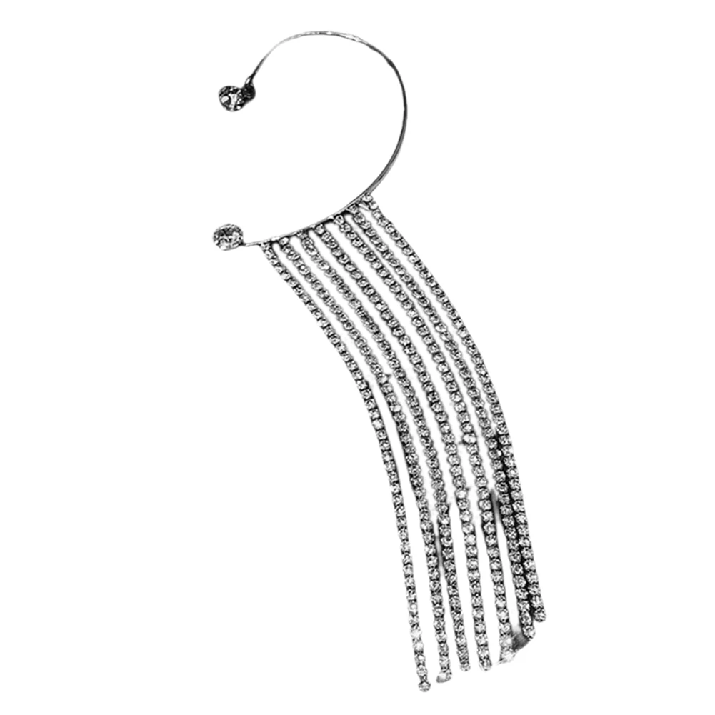 

Left Ear Long Tassel Earrings Fashionable Ear Clips Light Luxury Non-Pierced Earrings (Silver-Color)